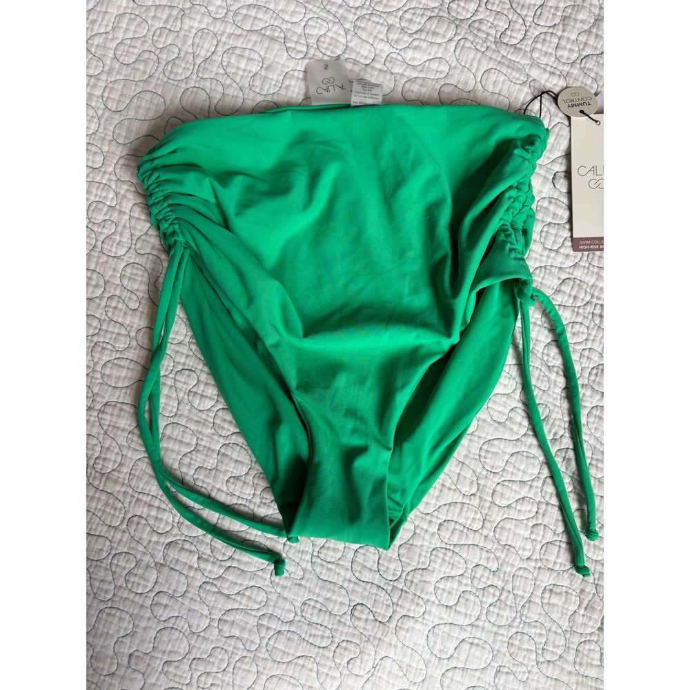 Calia Womens Ruched Side Tie High Rise Bikini Bottom Green Glow Small